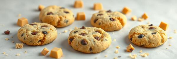 Delicious homemade chocolate chip cookies with caramel cubes on a gray surface photo