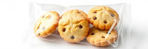 Freshly baked cookies in a clear bag ready for enjoyment at a cozy bakery or home kitchen photo