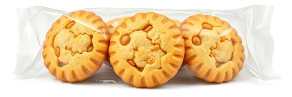 Tasty cookies individually wrapped for freshness and convenience displayed on a clean background photo