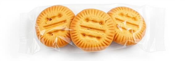 Three packaged round cookies with a distinct texture and pattern on a white background, ideal for snacks photo