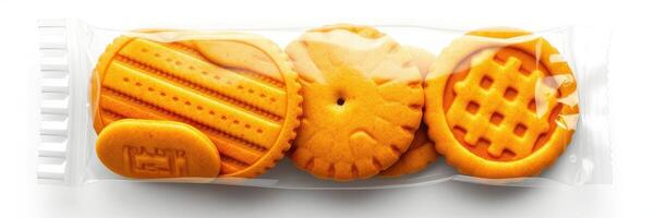 Colorful assortment of orange cookies in transparent wrapping displayed against a white background photo