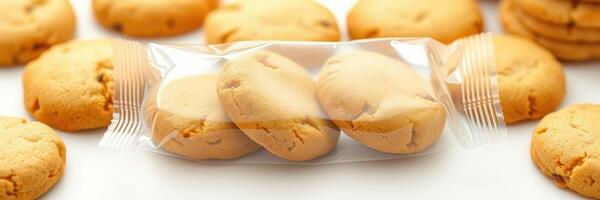 Delicious cookies arranged around a transparent pack on a white surface at a cozy bakery photo