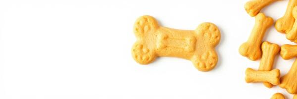 Dog treats shaped like bones arranged on a clean white surface showcasing pet snack options photo