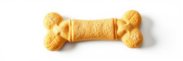 Crunchy dog treat shaped like a bone resting on a white background photo