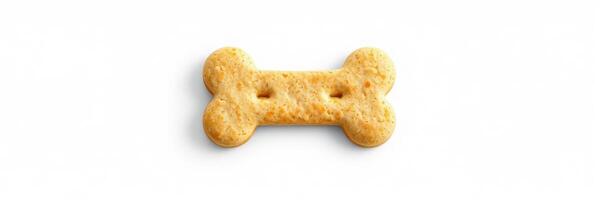 Dog treat shaped like a bone positioned on a plain white background, showcasing its crunchy texture and appealing design photo