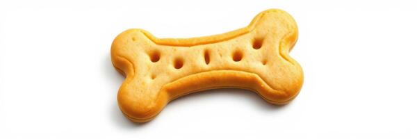 Dog treat shaped like a bone on a white background ready for pets to enjoy during training or playtime photo
