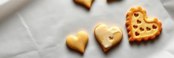 Unique heart-shaped cookies arranged on parchment paper with intricate designs on display photo