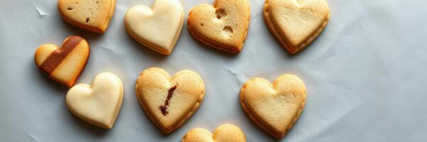 Heart-shaped cookies arranged on a light surface show a variety of designs and textures while tempting with their sweet appeal photo