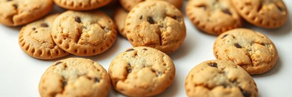 Freshly baked chocolate chip cookies arranged neatly on a white plate, inviting sweetness and warmth with every bite photo