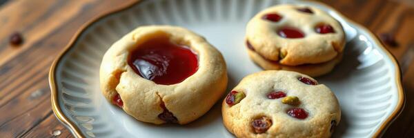 Delicious homemade cookies with jam and dried fruit on a decorative plate photo