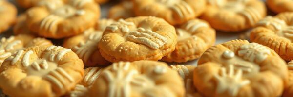 Freshly baked cookies arranged in a delightful pattern on a baking tray photo
