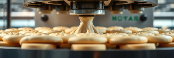 Cookies being formed on a production line in a bakery during the daytime photo