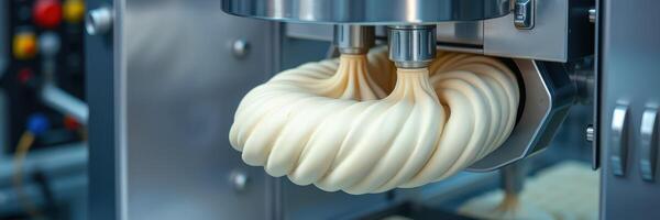 Innovative dessert machine producing soft serve ice cream in a modern factory setting photo