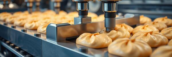 Automated production line for making steamed buns in a food manufacturing facility during the morning shift photo