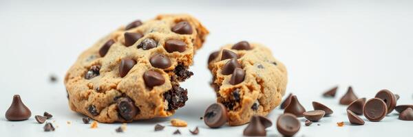 Delicious chocolate chip cookie broken apart with chocolate chips scattered on a clean surface photo