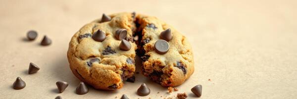 Freshly baked chocolate chip cookie with melted chunks surrounded by chocolate pieces on a neutral background photo