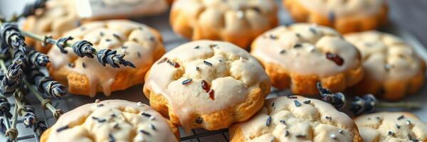 Freshly baked lavender cookies cooling on a rack with dried lavender sprigs nearby photo