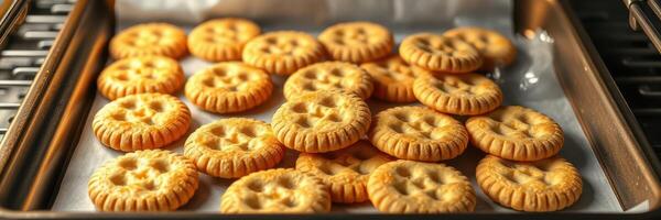 Freshly baked cookies cooling on a tray in a warm kitchen setting during the afternoon hours photo