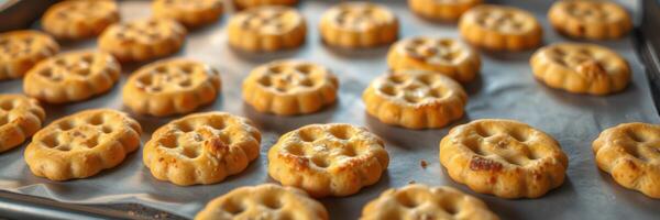 Delicious freshly baked cookies cooling on a tray in a warm kitchen setting during the afternoon photo