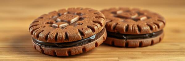 Chocolate sandwich cookies arranged on a wooden surface inviting indulgence for dessert lovers photo