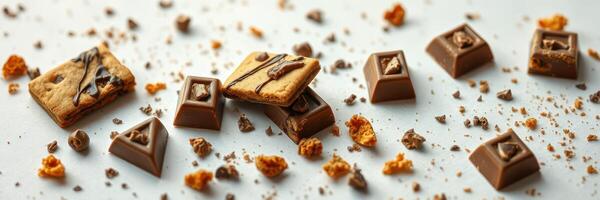 Delicious assortment of chocolate treats with cookie bites scattered on a light surface photo
