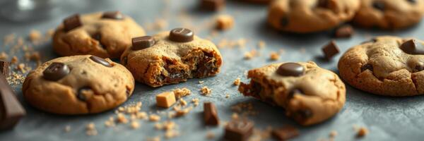 Warm chocolate chip cookies on a cooling rack with chocolate chunks and crumbs scattered around photo