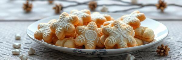 Decorative snowflake cookies arranged on a white plate with festive elements in a cozy winter setting photo
