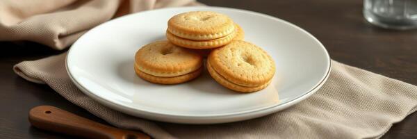 Delicious cookies arranged on a white plate with a textured cloth in a cozy setting perfect for afternoon tea photo