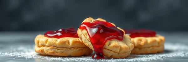 Delicious cookies topped with vibrant red jelly served on a gray surface perfect for a sweet treat photo