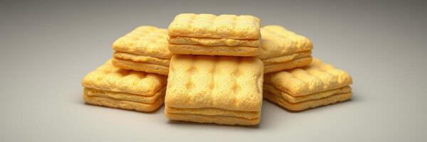 Pile of golden, crispy wafers stacked neatly in an artistic arrangement on a simple background photo