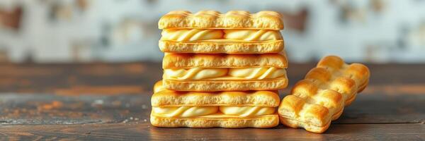 Delicious stacked biscuits on a wooden table with a rustic background perfect for a snack or dessert photo