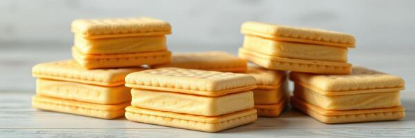 Delicious golden biscuits stacked on a wooden table for a tempting dessert experience photo