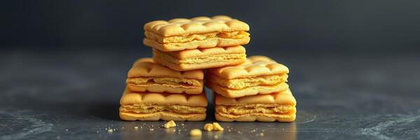 Stack of yellow cream-filled biscuits arranged on a dark surface with crumbs scattered around photo