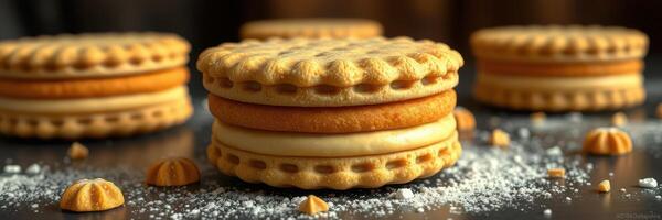 Delicious creamy sandwich cookies arranged on a table surrounded by crumbs and sugar photo