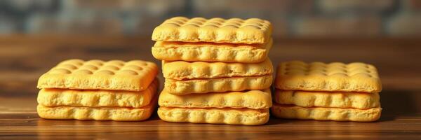 Stacked crispy crackers arranged on a rustic wooden surface in a cozy kitchen setting photo