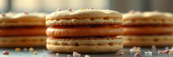Sweet, fluffy macarons stacked on a table with a soft natural light highlighting their texture photo