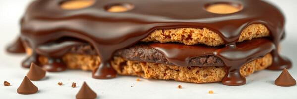 Chocolate dessert sandwich with creamy filling and dripping ganache served on a white surface photo