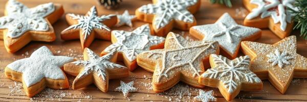 Holiday cookies decorated with icing placed on a wooden table surrounded by festive decor photo