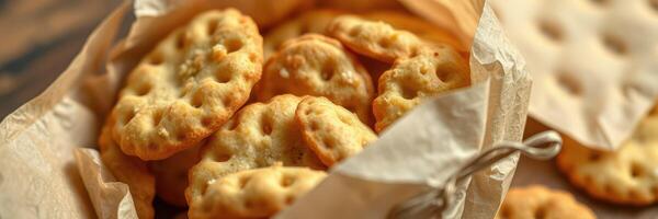 Freshly baked crackers displayed in a rustic basket lined with parchment on a wooden table photo