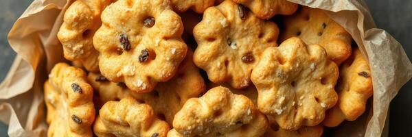 Freshly baked flower-shaped biscuits with chocolate chips presented in a brown paper bag photo