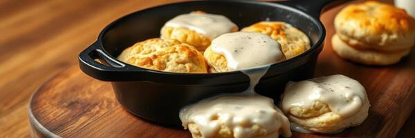Savory biscuits with creamy gravy served in a cast iron skillet on a wooden surface photo