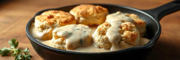 Homemade biscuits covered in creamy gravy served in a cast iron skillet on a rustic wooden table photo