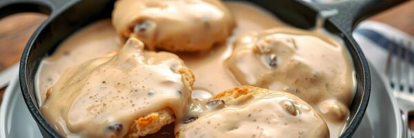 Savory biscuits and creamy gravy served in a skillet at a cozy diner during breakfast hours photo