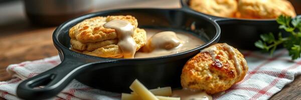 Delicious biscuits served with creamy gravy in a cast iron skillet on a rustic wooden table photo