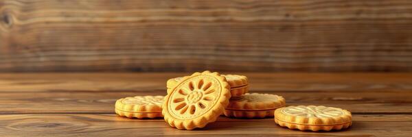 Delicious biscuits arranged on a rustic wooden surface during a cozy afternoon photo