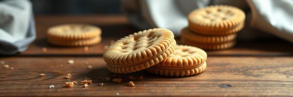 Crunchy cookies stacked on wooden table with crumbs and soft fabric in the background photo