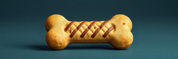 Dog treat shaped like a bone on a dark blue background designed to attract pets with its appealing texture and appearance photo