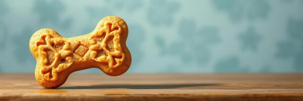 Dog bone cookie on wooden table with textured background in bright lighting photo