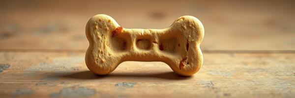 Dog treat shaped like a bone placed on a rustic wooden surface in a well-lit room during the day photo