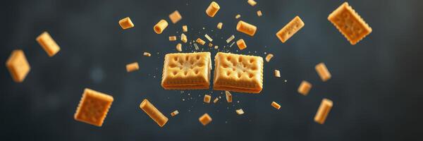 Cookies break apart in mid-air showcasing texture and detail against a dark background photo